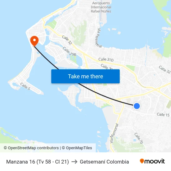 Manzana 16 (Tv 58 - Cl 21) to Getsemaní Colombia map