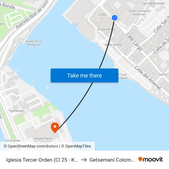 Iglesia Tercer Orden (Cl 25 - Kr 9) to Getsemaní Colombia map