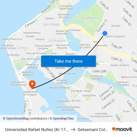 Universidad Rafael Nuñez (Kr 17 - Cl 35a) to Getsemaní Colombia map