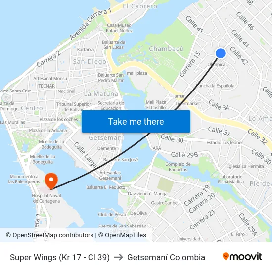 Super Wings (Kr 17 - Cl 39) to Getsemaní Colombia map