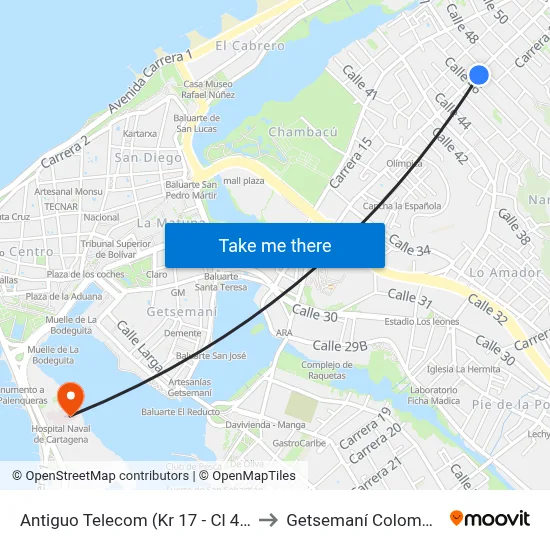 Antiguo Telecom (Kr 17 - Cl 46) to Getsemaní Colombia map