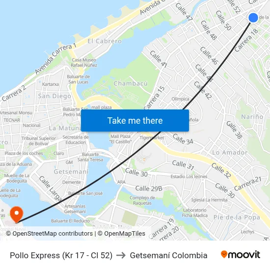 Pollo Express (Kr 17 - Cl 52) to Getsemaní Colombia map