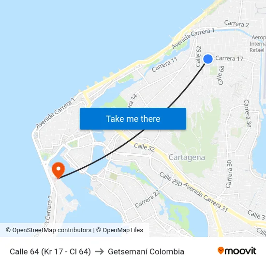 Calle 64 (Kr 17 - Cl 64) to Getsemaní Colombia map