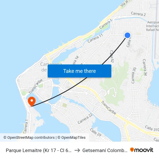 Parque Lemaitre (Kr 17 - Cl 67) to Getsemaní Colombia map