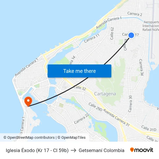 Iglesia Éxodo (Kr 17 - Cl 59b) to Getsemaní Colombia map