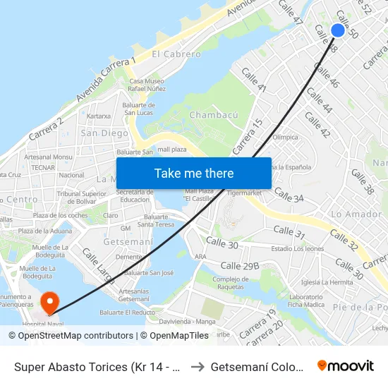 Super Abasto Torices (Kr 14 - Cl 49) to Getsemaní Colombia map