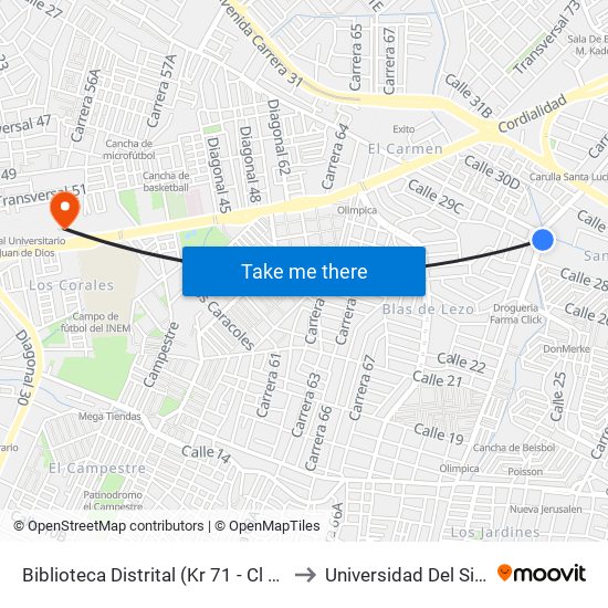 Biblioteca Distrital (Kr 71 - Cl 30) to Universidad Del Sinu map