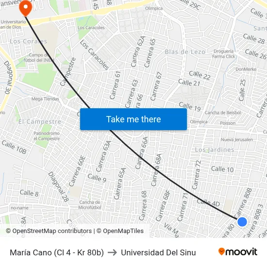 María Cano (Cl 4 - Kr 80b) to Universidad Del Sinu map