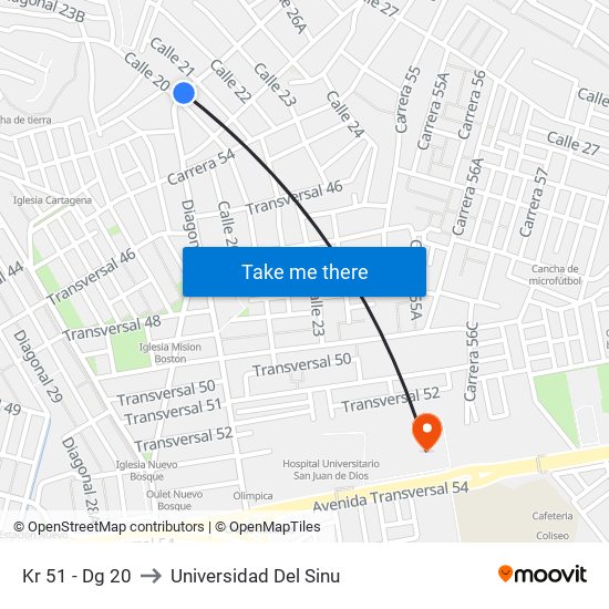 Kr 51 - Dg 20 to Universidad Del Sinu map