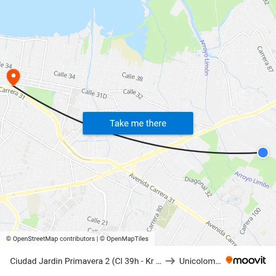 Ciudad Jardin Primavera 2 (Cl 39h - Kr 91a) to Unicolombo map