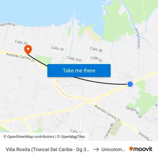Villa Rosita (Troncal Del Caribe - Dg 36c) to Unicolombo map
