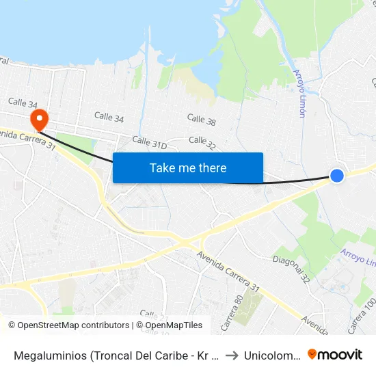 Megaluminios (Troncal Del Caribe - Kr 91b) to Unicolombo map