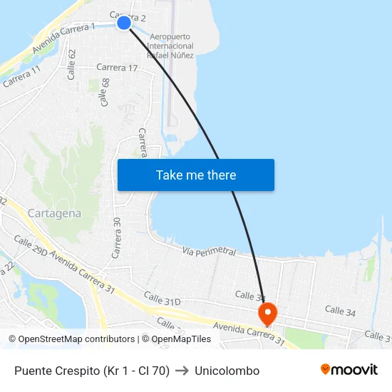 Puente Crespito (Kr 1 - Cl 70) to Unicolombo map