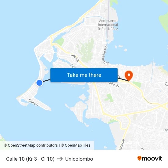 Calle 10 (Kr 3 - Cl 10) to Unicolombo map