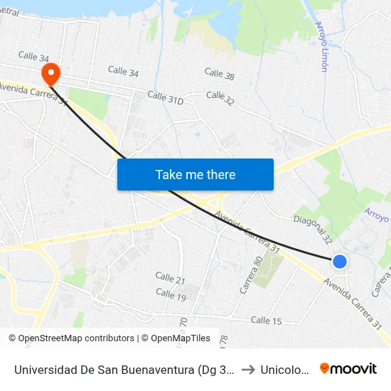 Universidad De San Buenaventura (Dg 32 - Kr 83b) to Unicolombo map