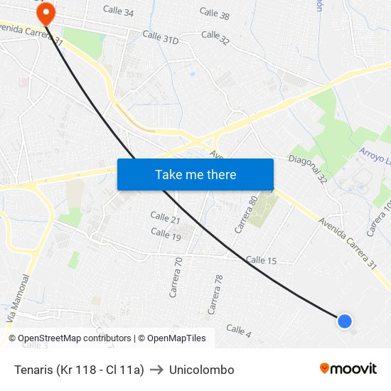 Tenaris (Kr 118 - Cl 11a) to Unicolombo map