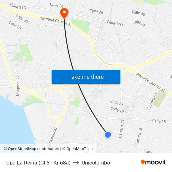 Upa La Reina (Cl 5 - Kr 68a) to Unicolombo map