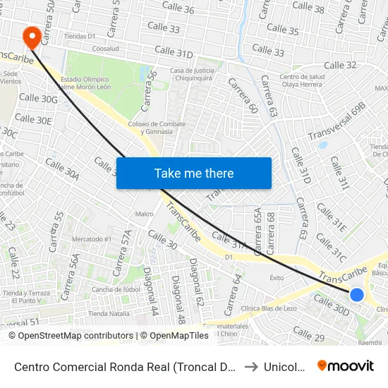 Centro Comercial Ronda Real (Troncal Del Caribe - Kr 69) to Unicolombo map