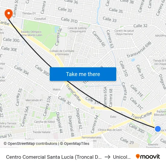 Centro Comercial Santa Lucía (Troncal Del Caribe - Kr 70) to Unicolombo map