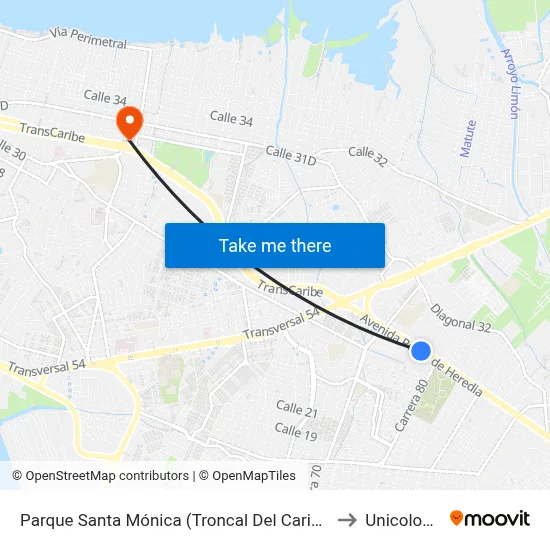 Parque Santa Mónica (Troncal Del Caribe - Kr 79) to Unicolombo map