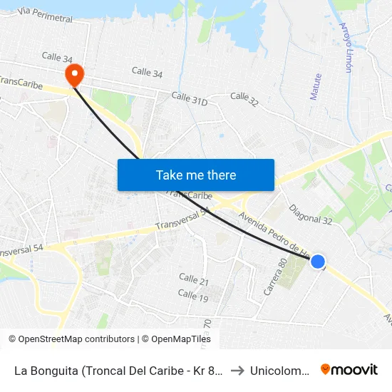 La Bonguita (Troncal Del Caribe - Kr 80) to Unicolombo map