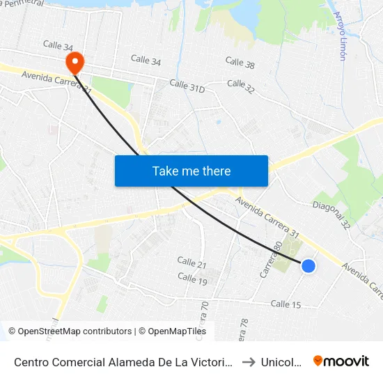 Centro Comercial Alameda De La Victorial (Kr 80e - Cl 24) to Unicolombo map