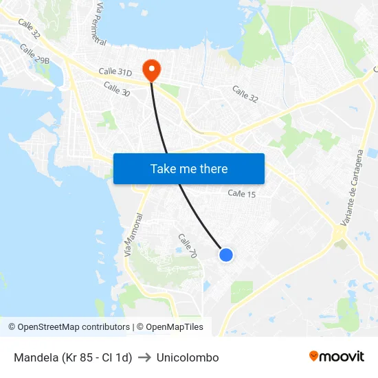 Mandela (Kr 85 - Cl 1d) to Unicolombo map