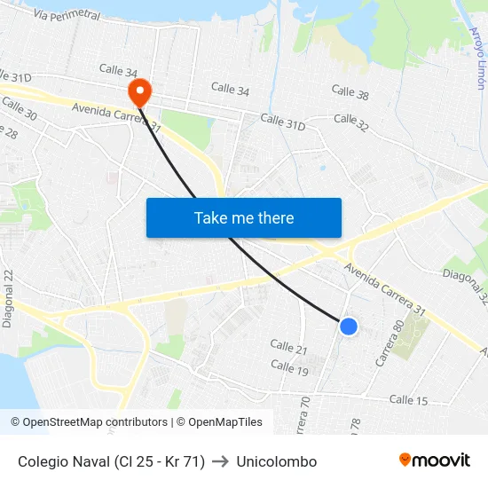 Colegio Naval (Cl 25 - Kr 71) to Unicolombo map
