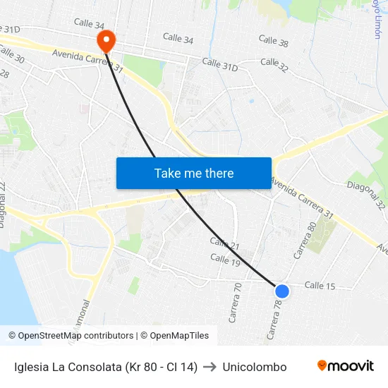 Iglesia La Consolata (Kr 80 - Cl 14) to Unicolombo map