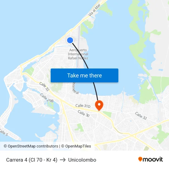 Carrera 4 (Cl 70 - Kr 4) to Unicolombo map
