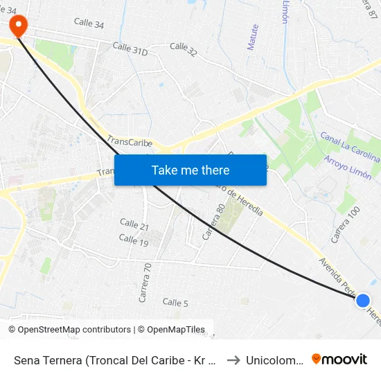Sena Ternera (Troncal Del Caribe - Kr 121) to Unicolombo map