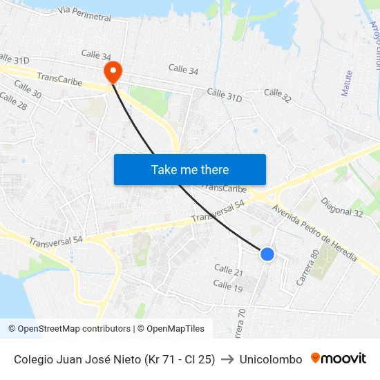 Colegio Juan José Nieto (Kr 71 - Cl 25) to Unicolombo map