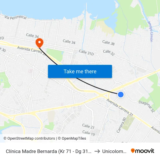 Clínica Madre Bernarda (Kr 71 - Dg 31d) to Unicolombo map