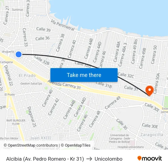 Alcibia (Av. Pedro Romero - Kr 31) to Unicolombo map