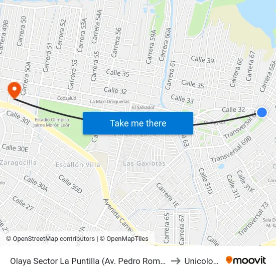 Olaya Sector La Puntilla (Av. Pedro Romero - Kr 69) to Unicolombo map
