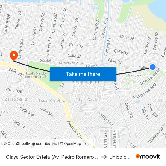 Olaya Sector Estela (Av. Pedro Romero - Tv 68) to Unicolombo map