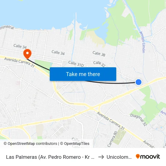 Las Palmeras (Av. Pedro Romero - Kr 84) to Unicolombo map