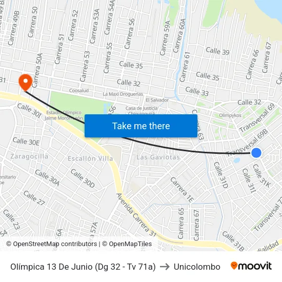 Olímpica 13 De Junio (Dg 32 - Tv 71a) to Unicolombo map