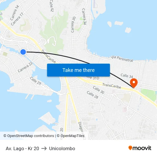 Av. Lago - Kr 20 to Unicolombo map