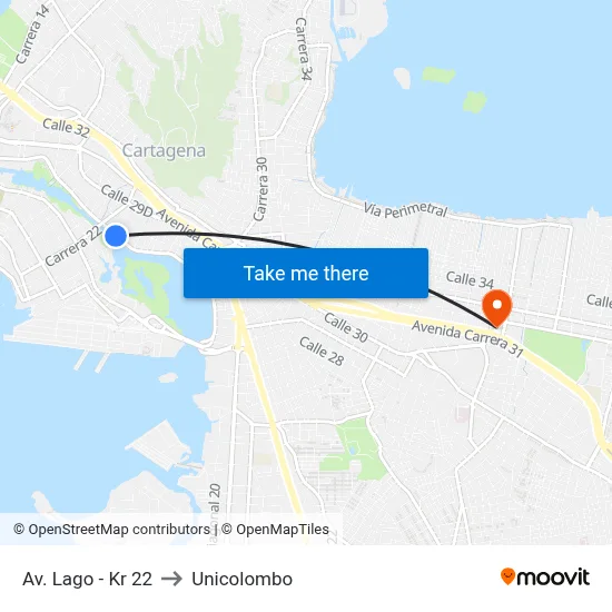 Av. Lago - Kr 22 to Unicolombo map