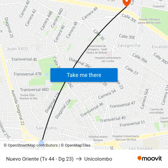Nuevo Oriente (Tv 44 - Dg 23) to Unicolombo map