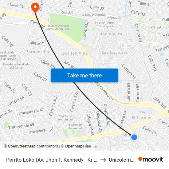 Perrito Loko (Av. Jhon F. Kennedy - Kr 65) to Unicolombo map