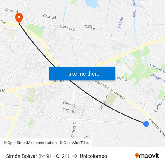 Simón Bolívar (Kr 91 - Cl 24) to Unicolombo map