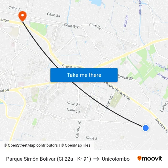 Parque Simón Bolívar (Cl 22a - Kr 91) to Unicolombo map