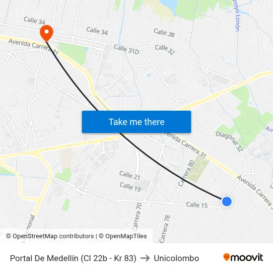 Portal De Medellín (Cl 22b - Kr 83) to Unicolombo map