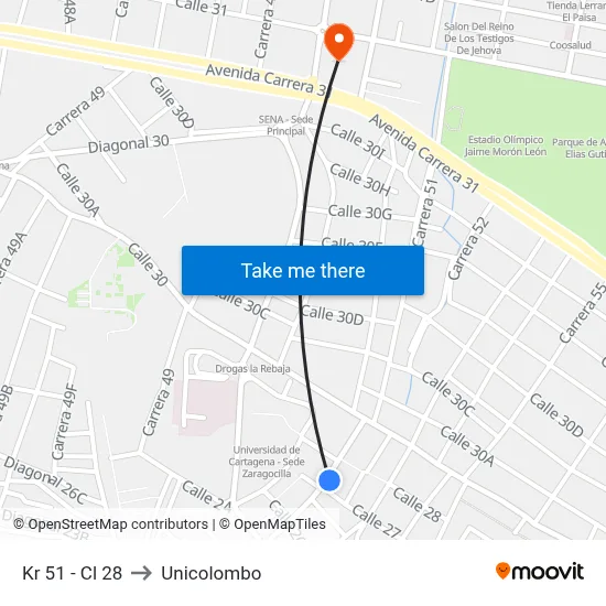 Kr 51 - Cl 28 to Unicolombo map