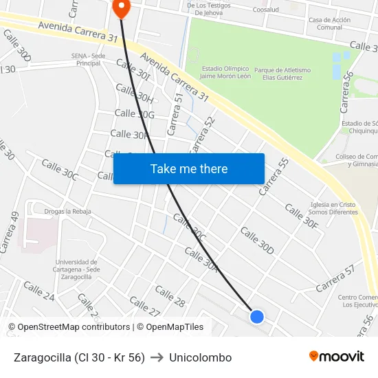 Zaragocilla (Cl 30 - Kr 56) to Unicolombo map