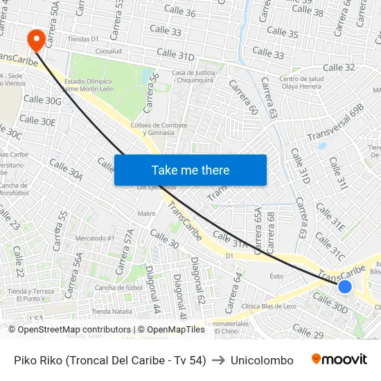 Piko Riko (Troncal Del Caribe - Tv 54) to Unicolombo map