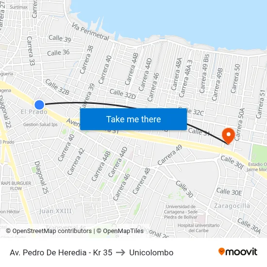 Av. Pedro De Heredia - Kr 35 to Unicolombo map