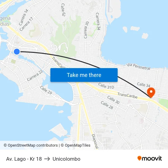 Av. Lago - Kr 18 to Unicolombo map